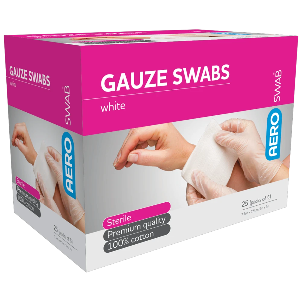 AEROSWAB Sterile White Gauze Swab 7.5 x 7.5cm (Packs of 5) Box/25