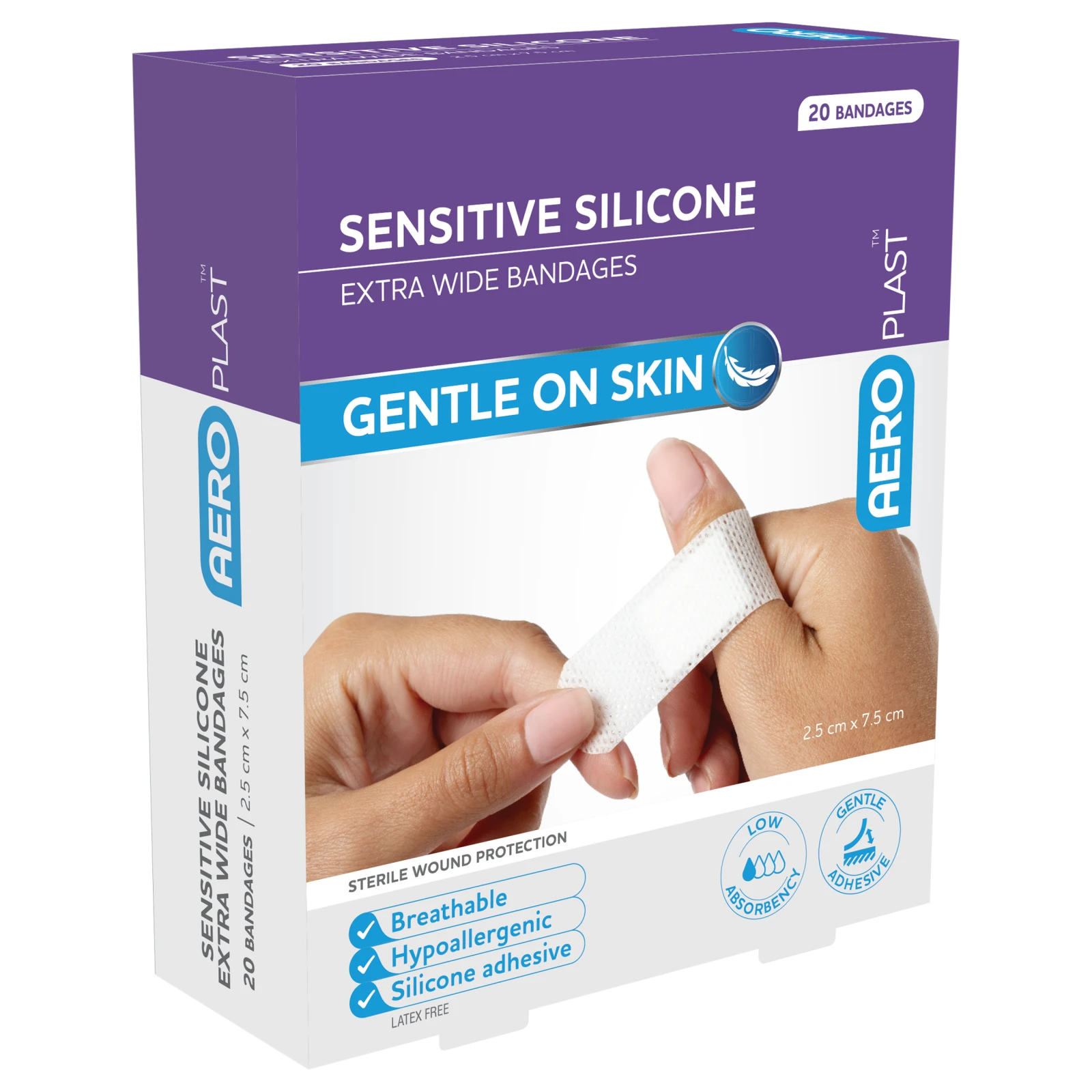 AEROPLAST Sensitive Silicone X-Wide Strip 2.5 x 7.5 cm 20pk